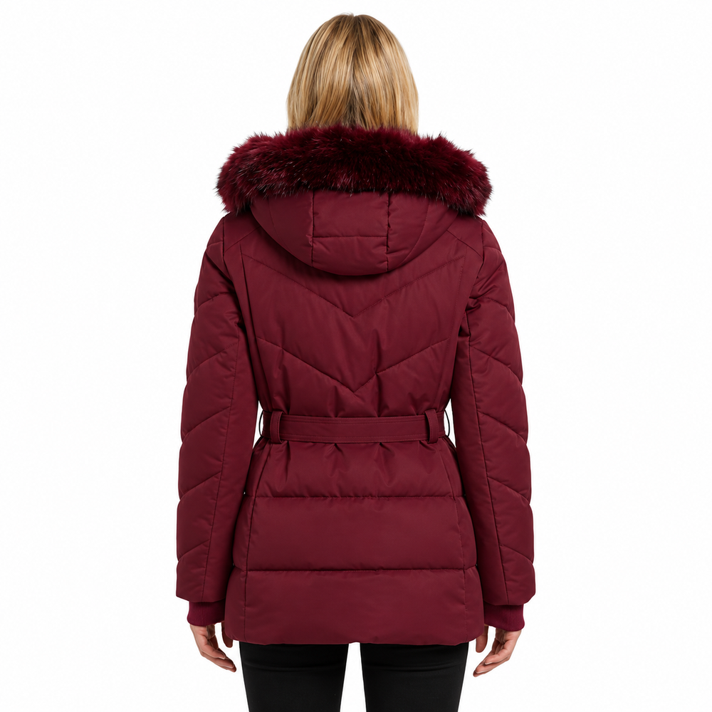 Womens Michael Kors Belted Puffer Coat with Faux Fur Hood