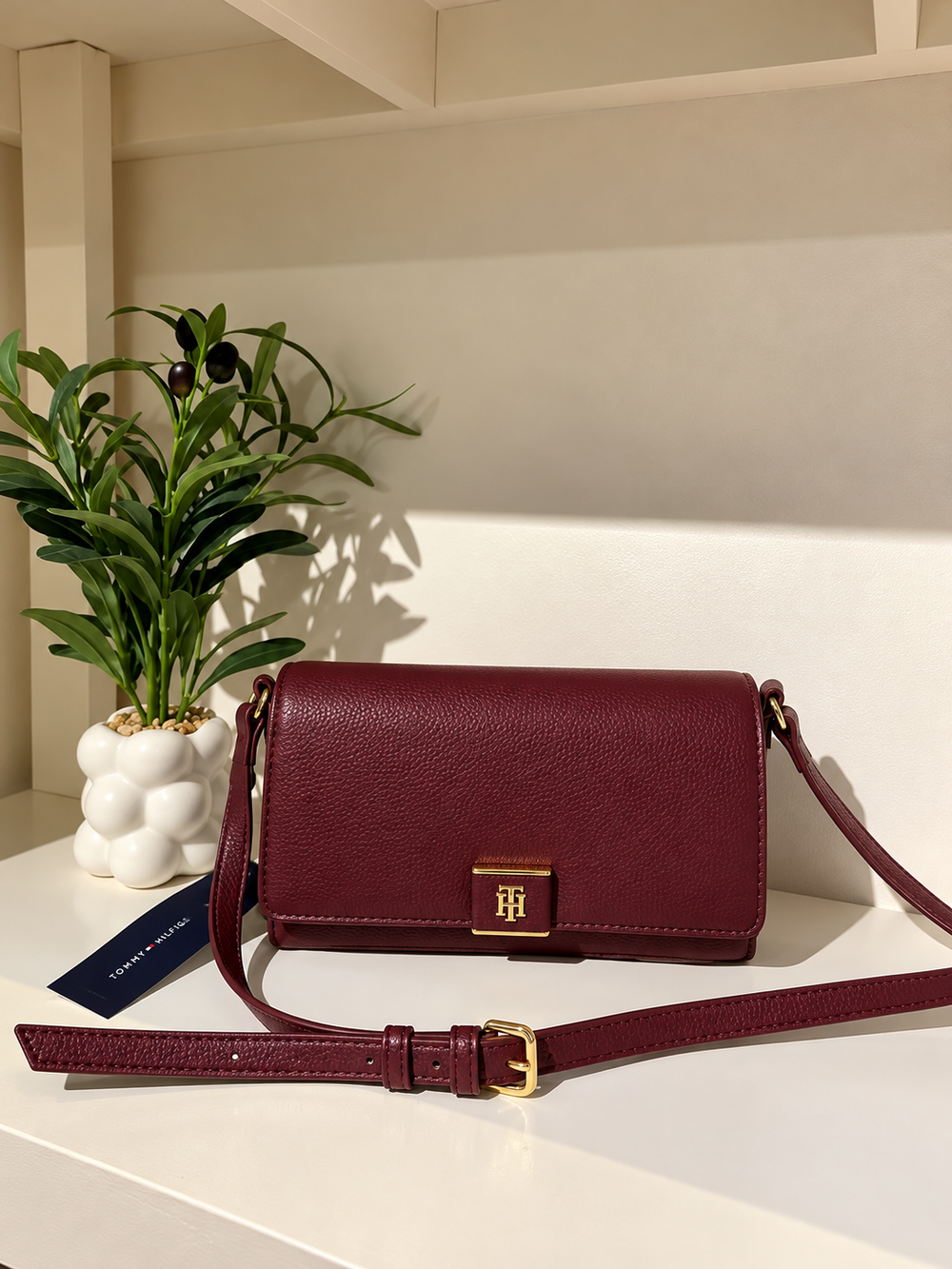 Tommy Hilfiger Burgundy Pebble Grain Crossbody / Wallet on Chain Bag