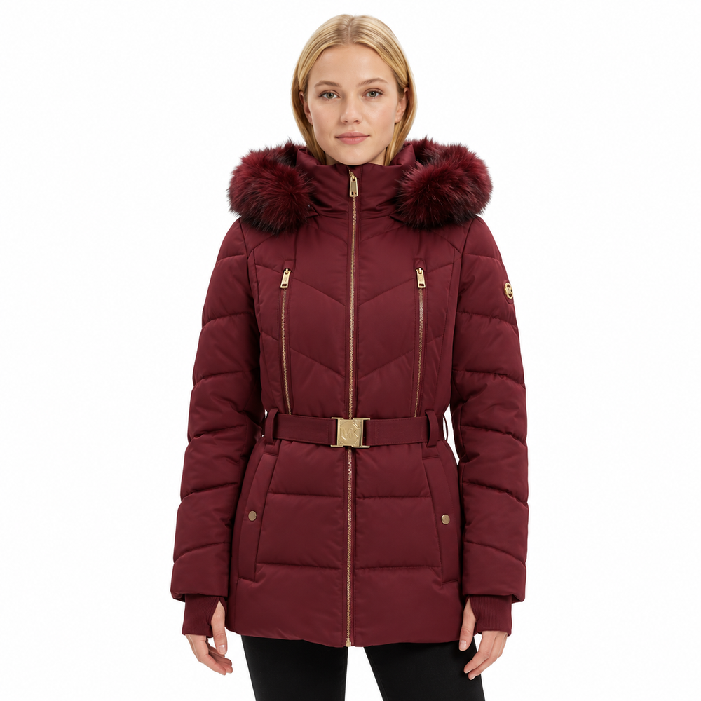 Womens Michael Kors Belted Puffer Coat with Faux Fur Hood