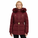 Womens Michael Kors Belted Puffer Coat with Faux Fur Hood