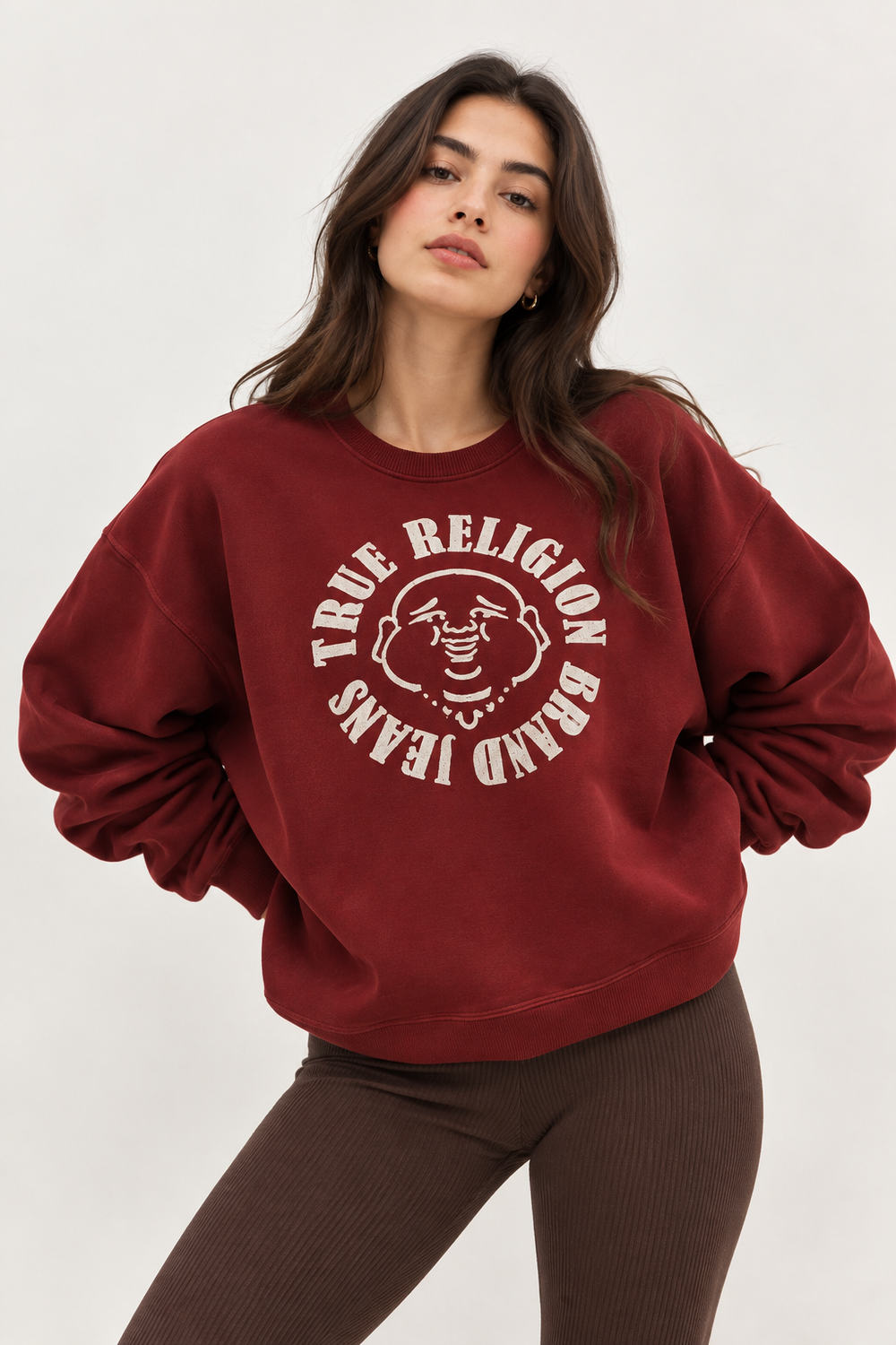True Religion Women's Burgundy Graphic Crewneck Sweatshirt