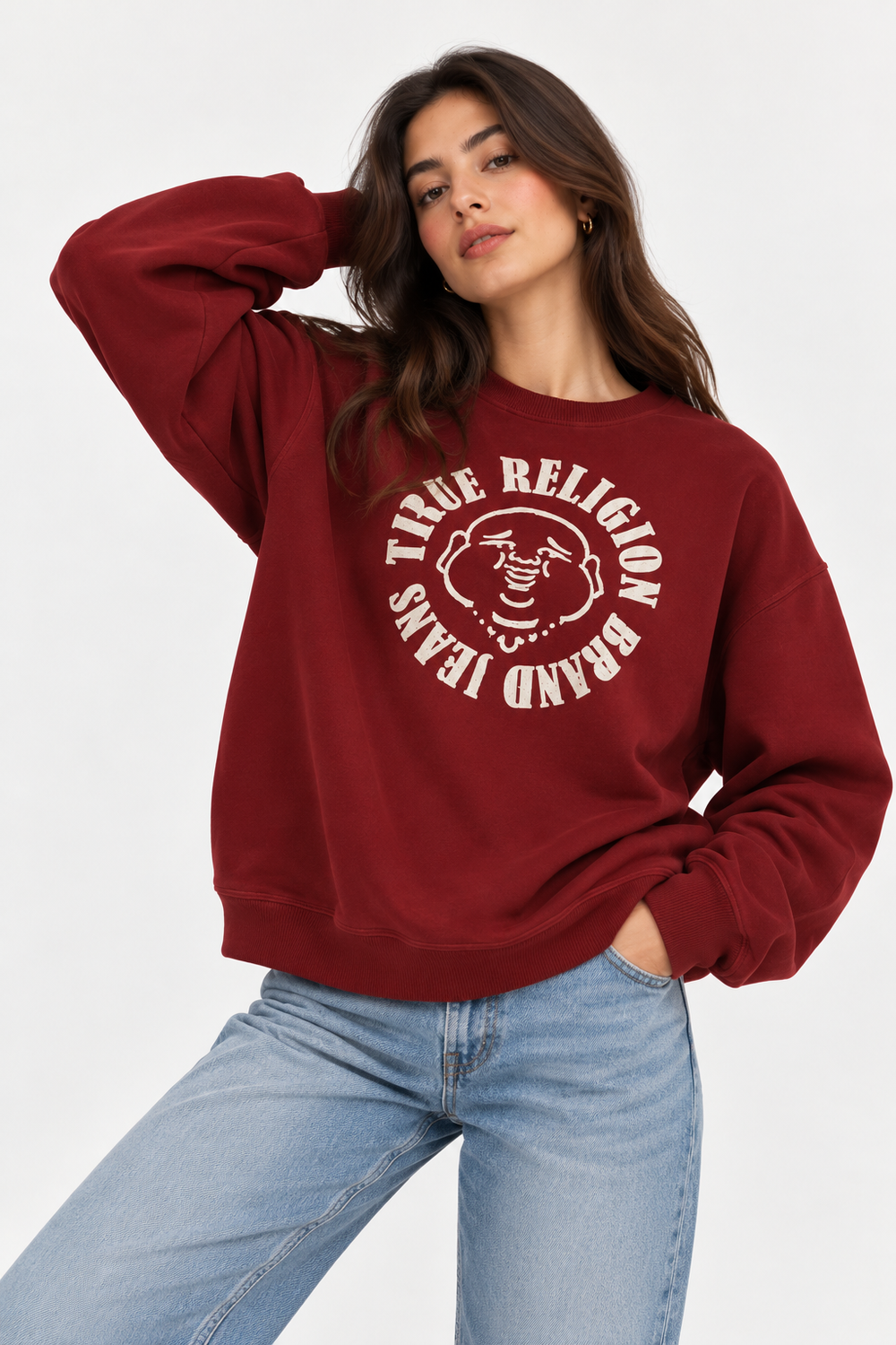 True Religion Women's Burgundy Graphic Crewneck Sweatshirt