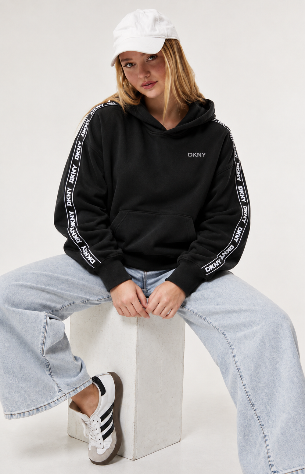 DKNY Women's Logo Tape Sleeve Pullover Hoodie