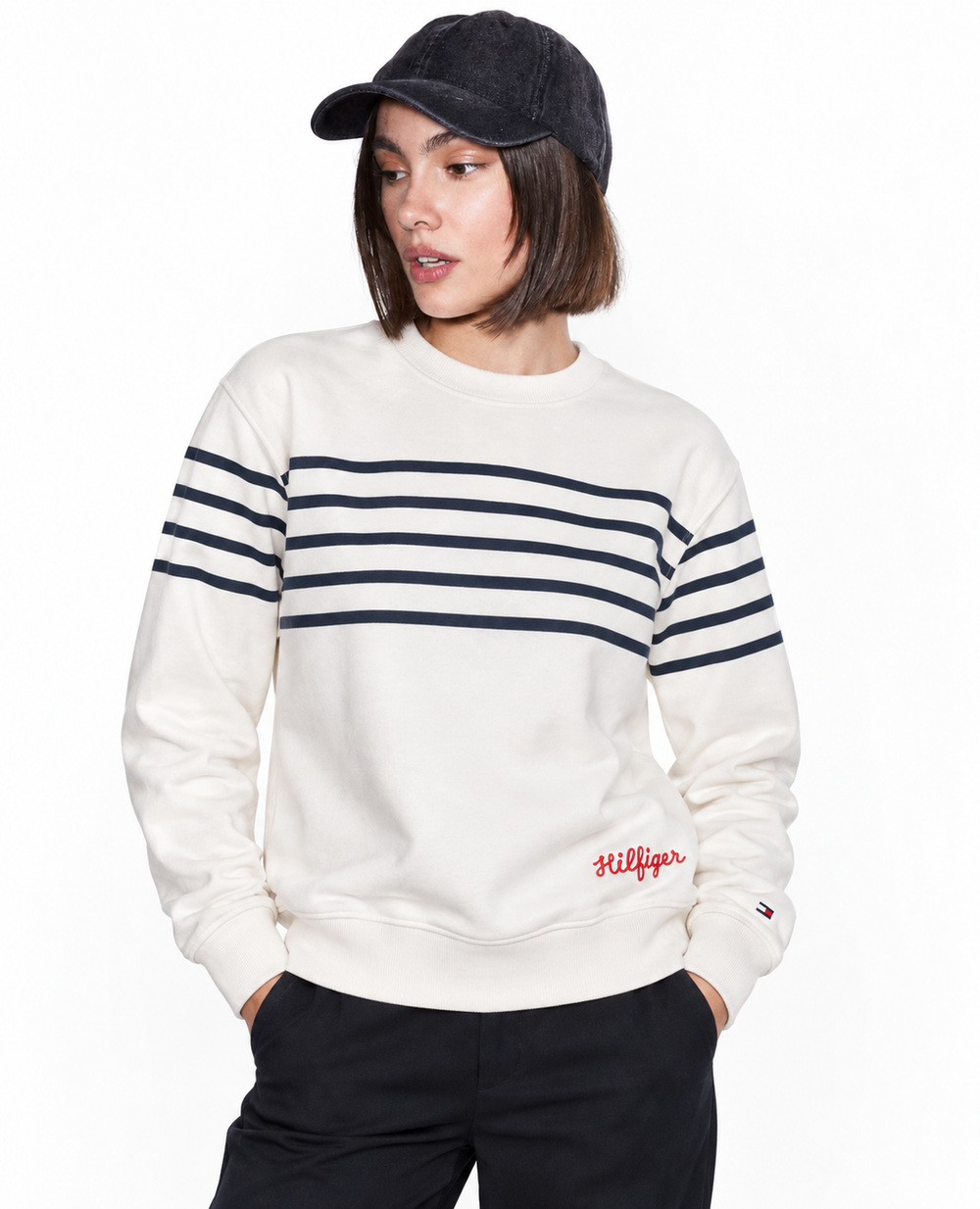 Tommy Hilfiger Women's Striped Crewneck Sweatshirt with Script Logo