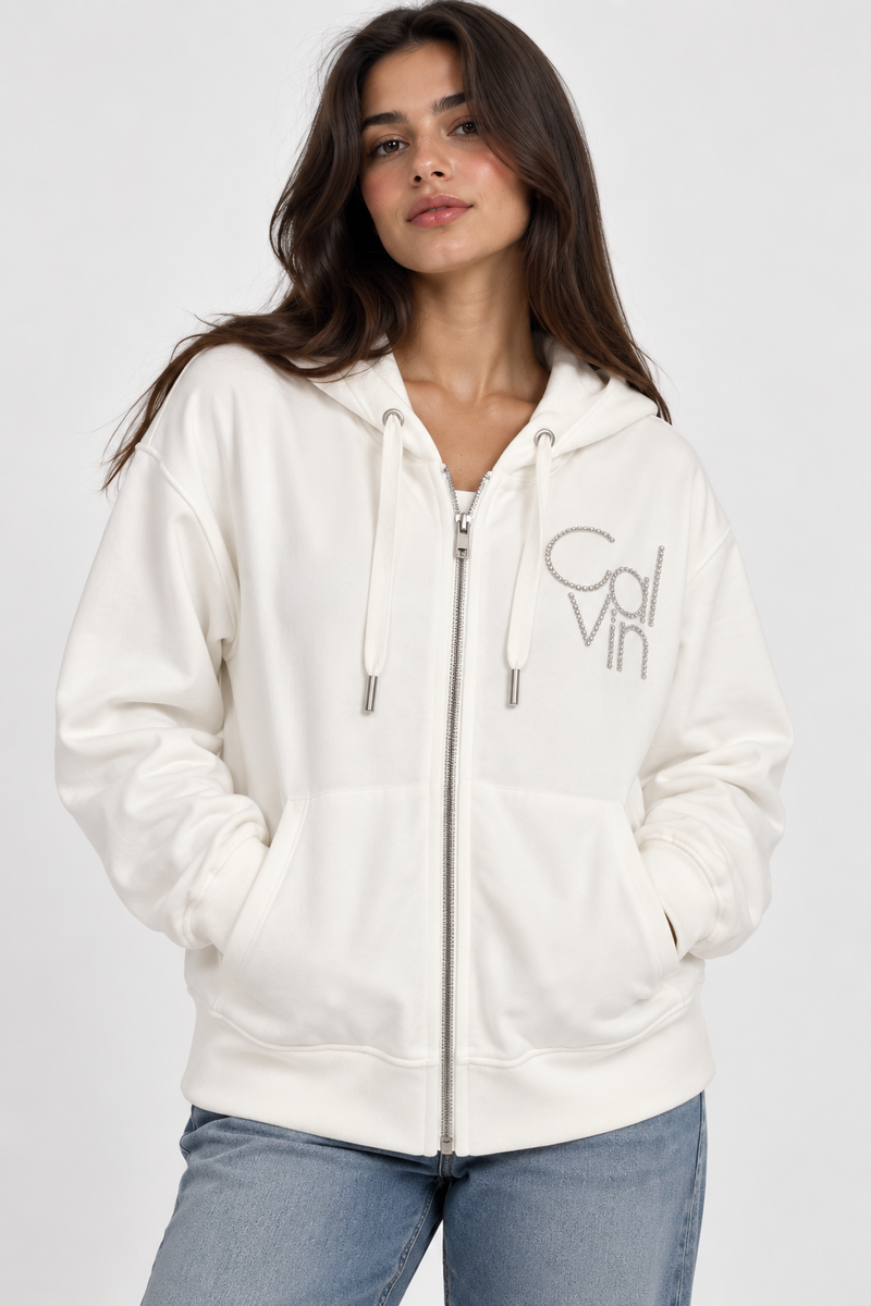 Calvin Klein Rhinestone Embellished Velour Full-Zip Hoodie / Jacket