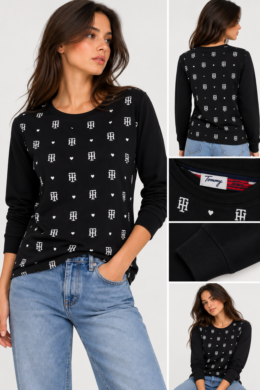 Women's black long-sleeve crewneck top featuring an all-over repeating white TH