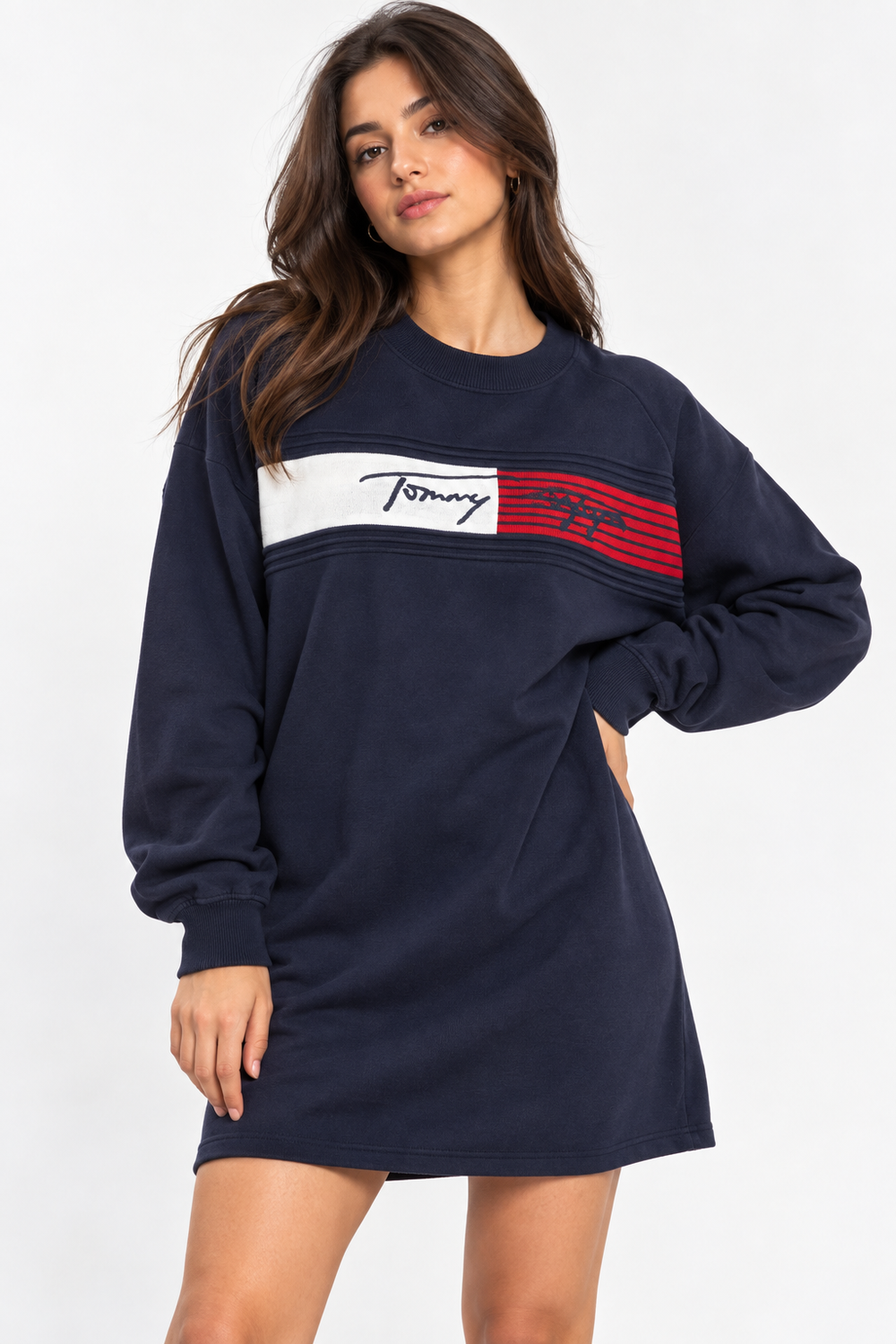 Women's navy blue long-sleeve crewneck sweatshirt dress featuring a signature