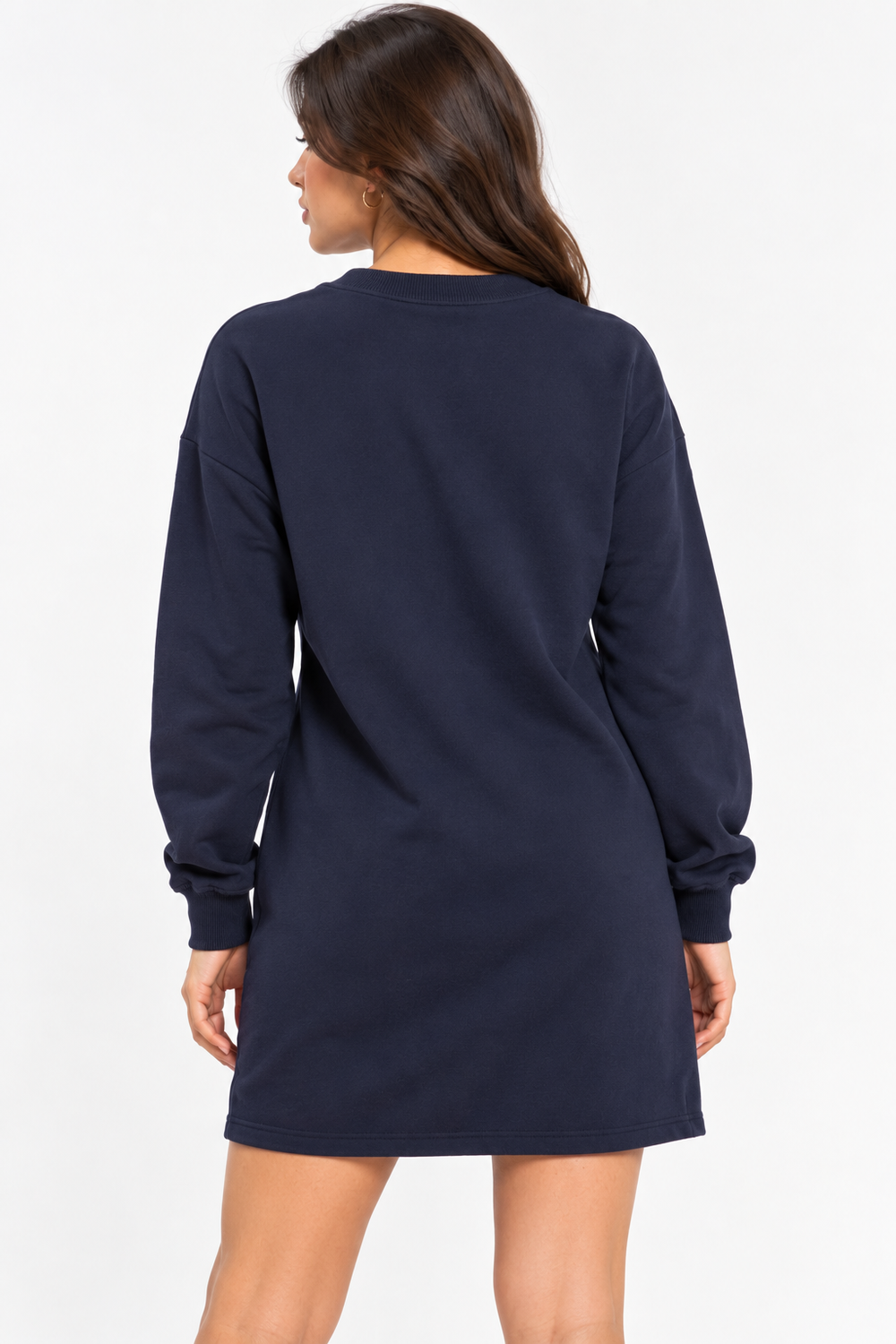 Women's navy blue long-sleeve crewneck sweatshirt dress featuring a signature