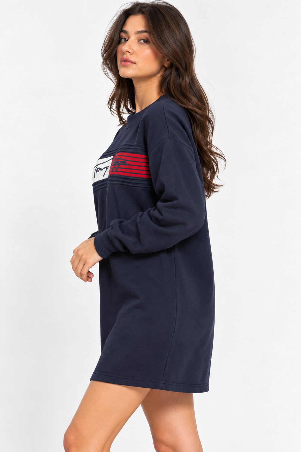 Women's navy blue long-sleeve crewneck sweatshirt dress featuring a signature