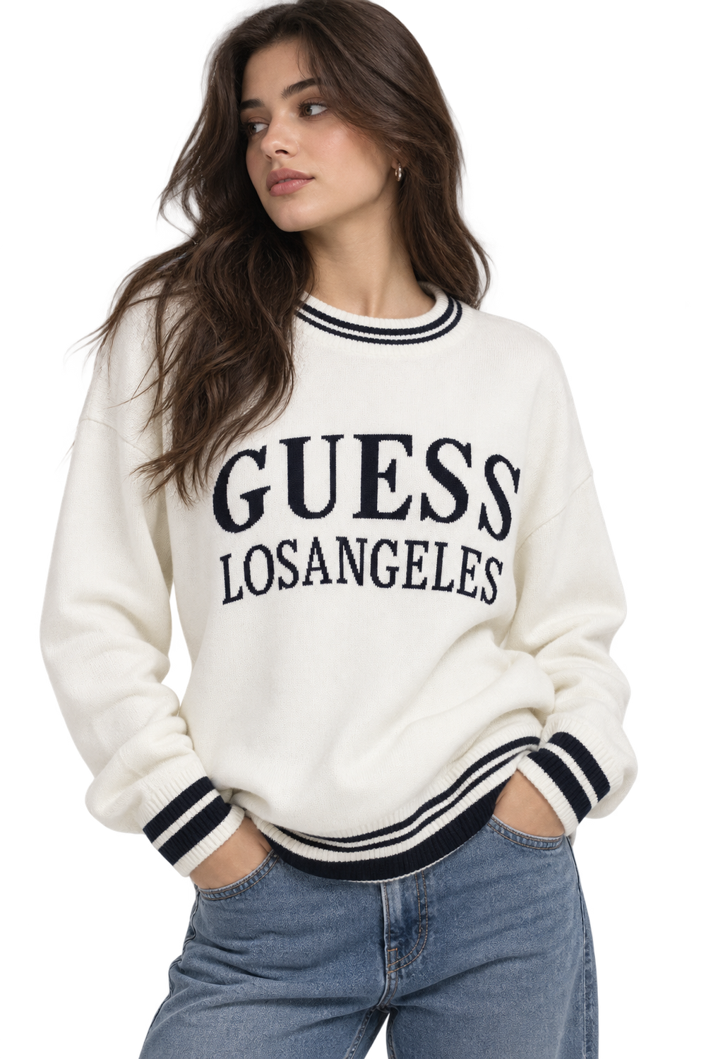 GUESS Los Angeles Striped Trim Knit Sweater