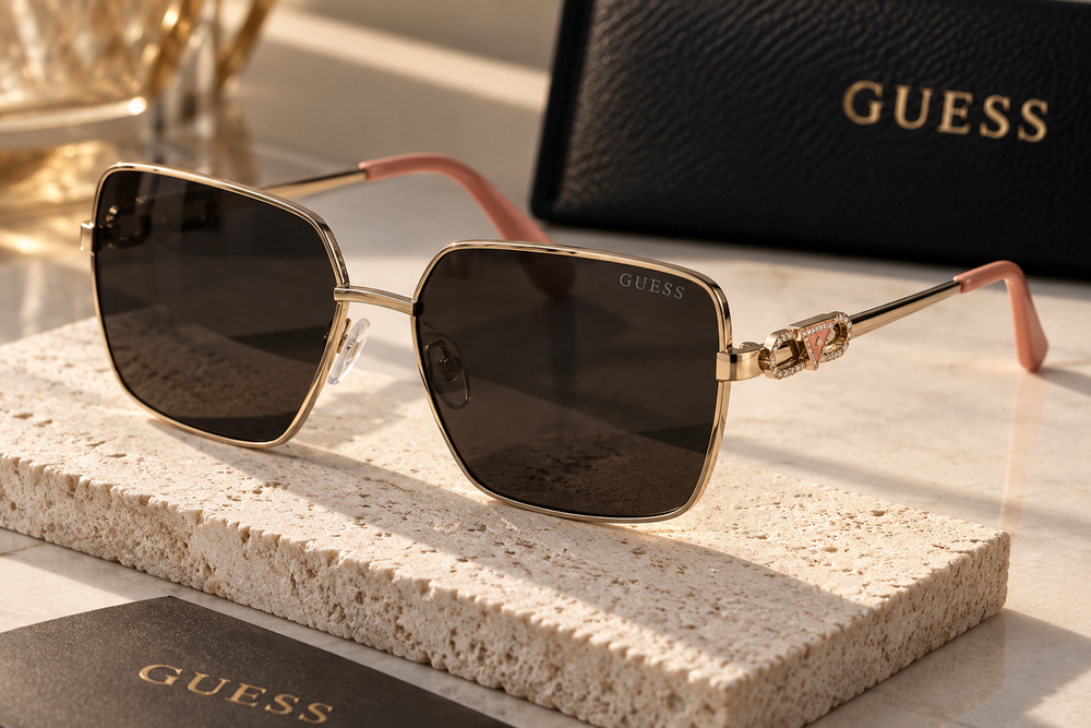 Guess Gold Square Sunglasses with Rhinestone Interlocking G Details (Without Case)