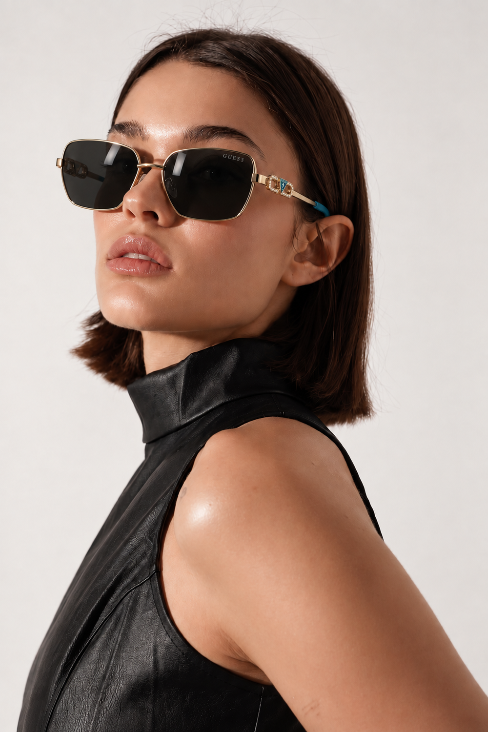 Guess Gold Square Sunglasses with Rhinestone Interlocking G Details (Without Case)