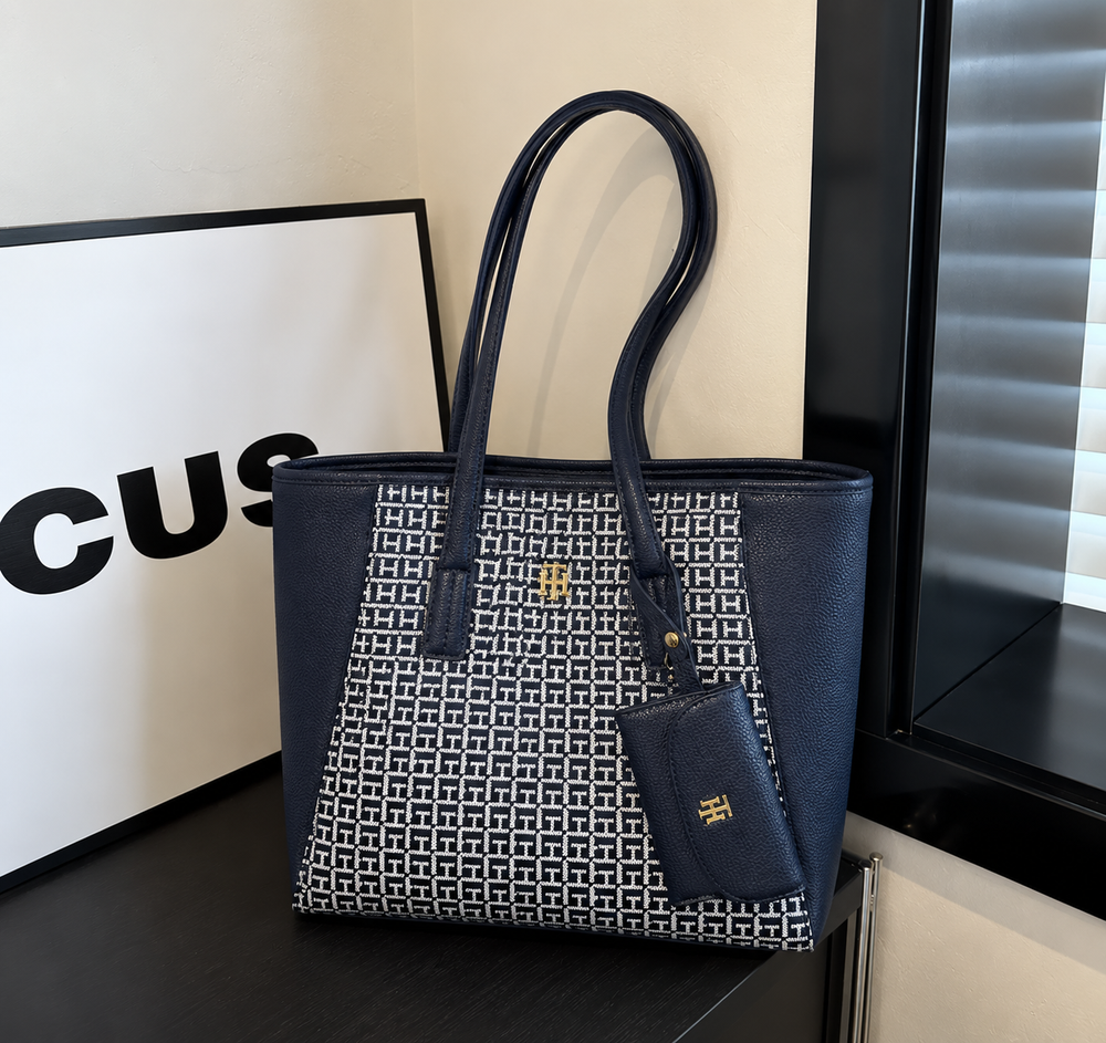 Tommy Hilfiger Monogram Jacquard Trapeze Tote Bag with Pouch