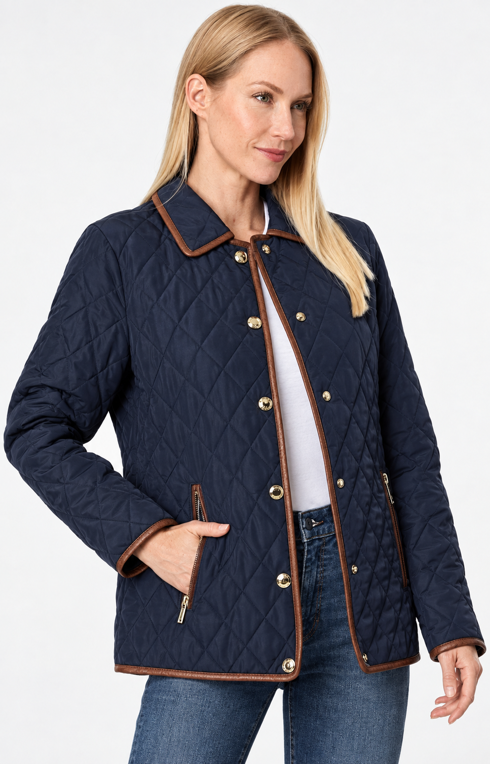 Classic Quilted Navy Jacket with Faux-Leather Trim