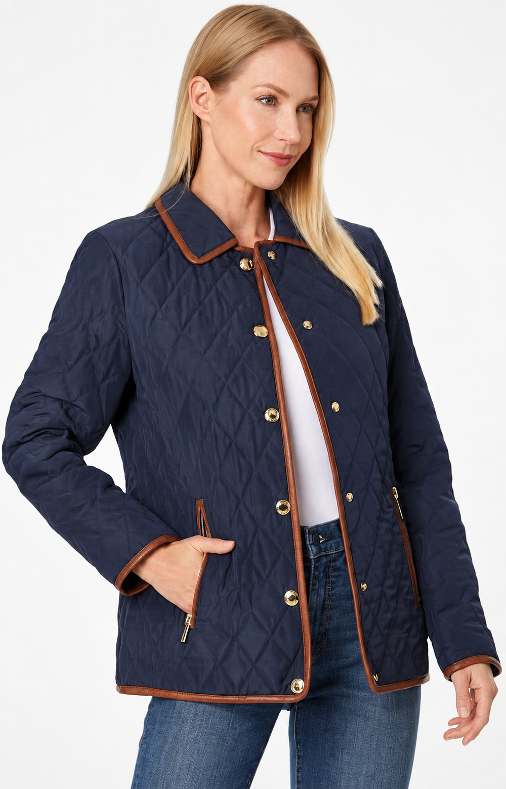 Classic Quilted Navy Jacket with Faux-Leather Trim