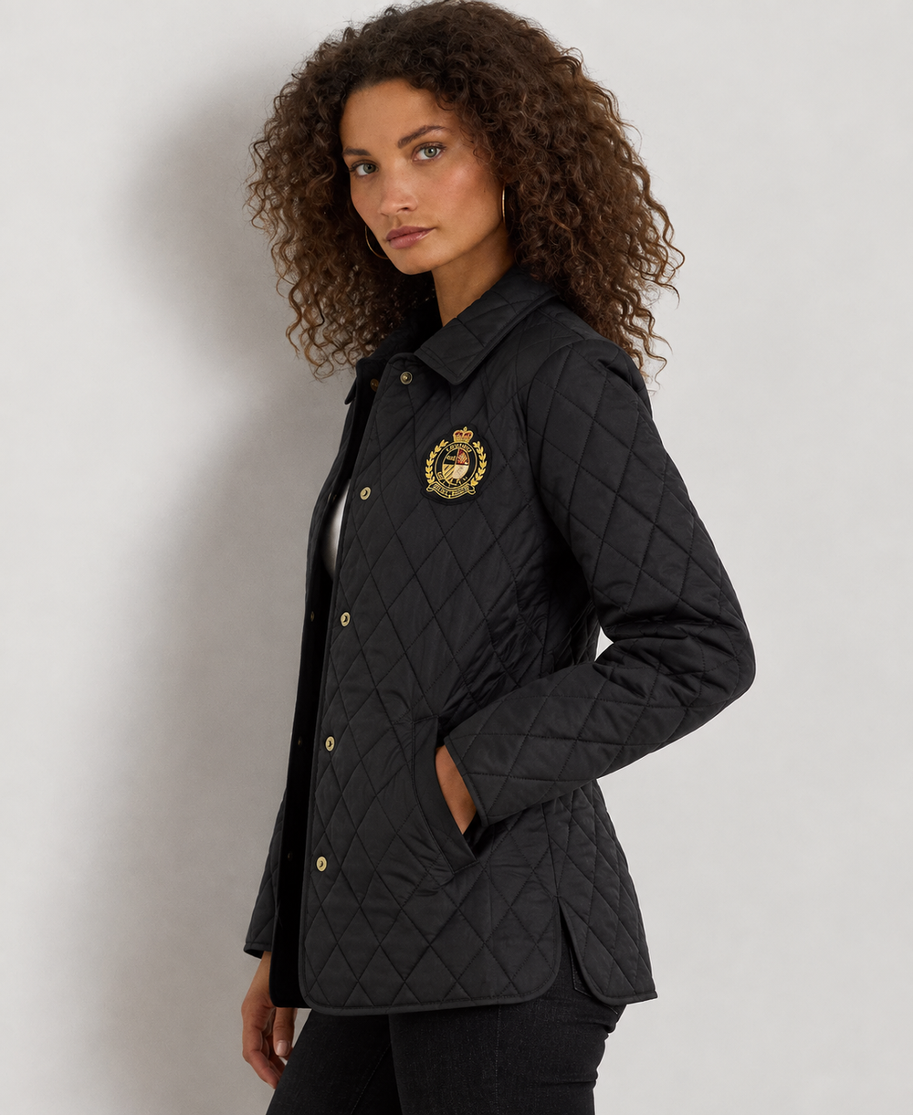 Faux-Leather-Trim Crest-Patch Jacket