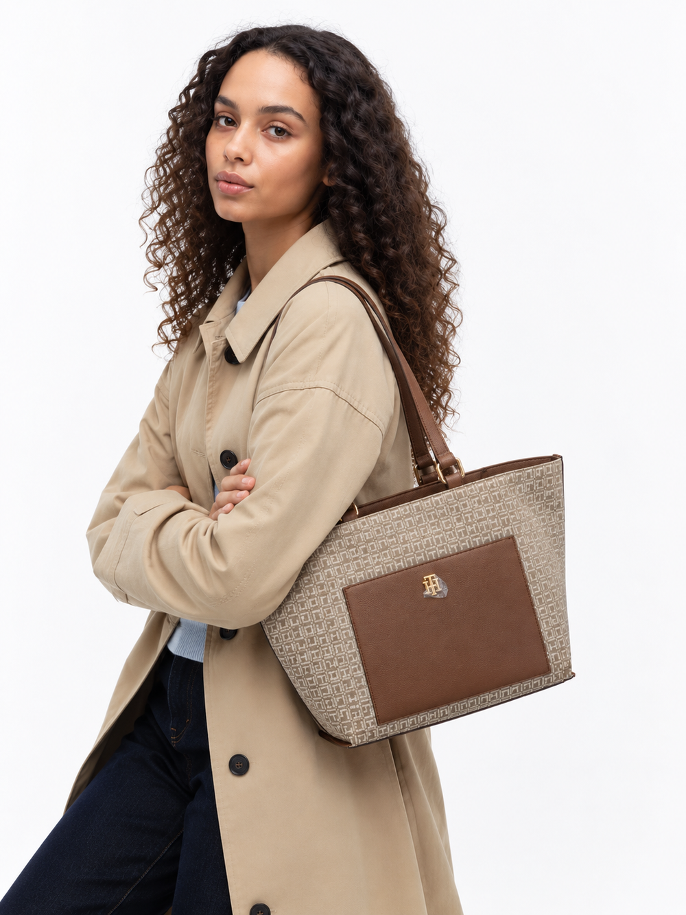 Tommy Hilfiger Khaki Tonal & Cognac Colourblocked Medium Tote