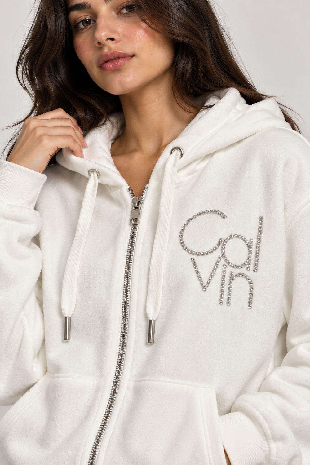 Calvin Klein Rhinestone Embellished Velour Full-Zip Hoodie / Jacket