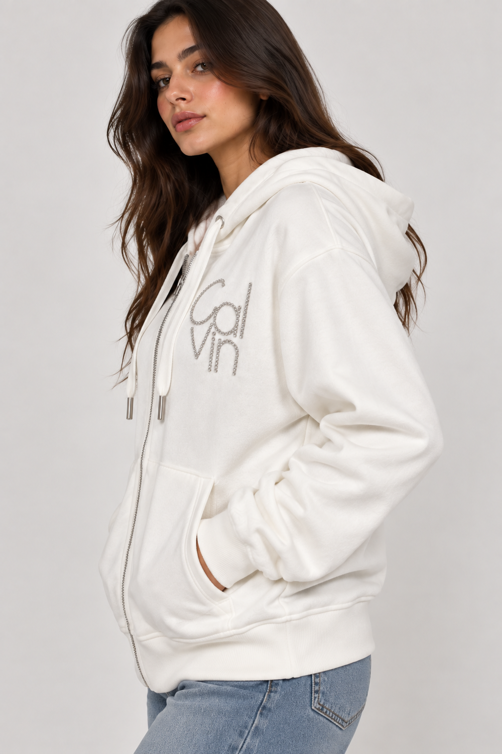 Calvin Klein Rhinestone Embellished Velour Full-Zip Hoodie / Jacket