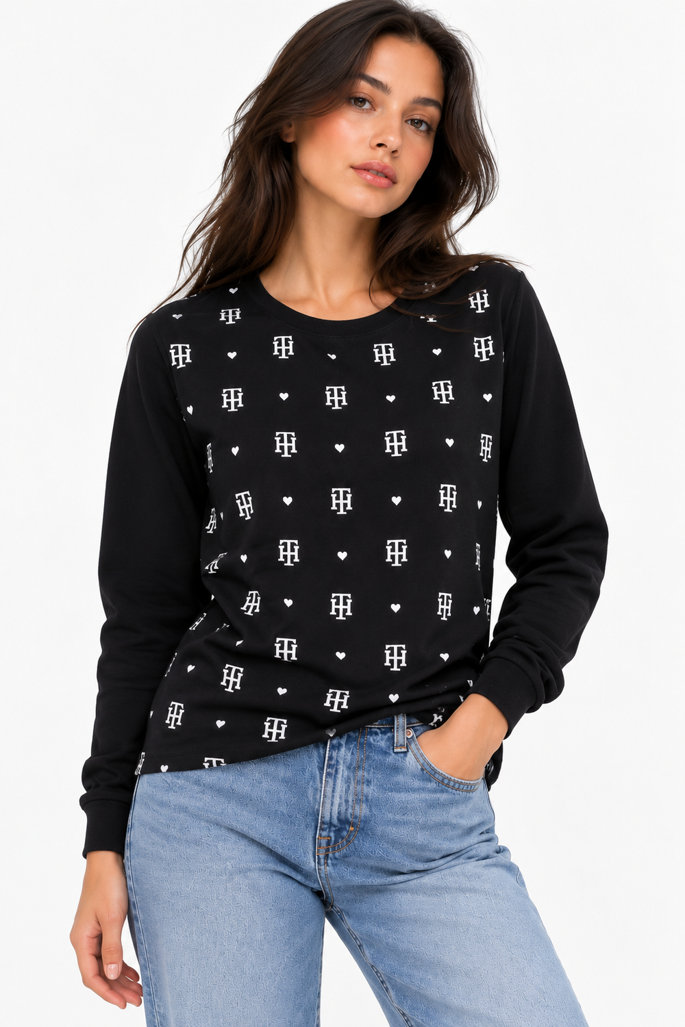 Women's black long-sleeve crewneck top featuring an all-over repeating white TH