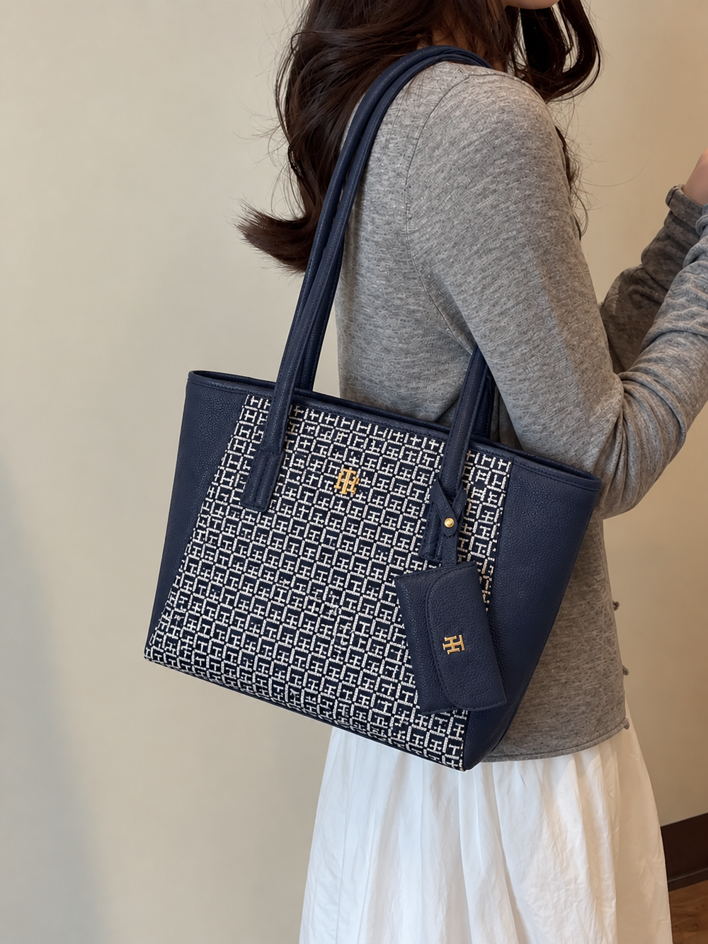 Tommy Hilfiger Monogram Jacquard Trapeze Tote Bag with Pouch