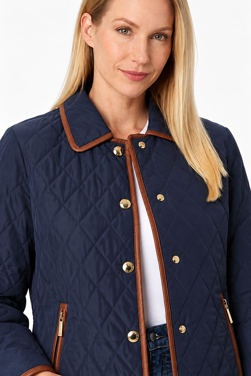 Classic Quilted Navy Jacket with Faux-Leather Trim