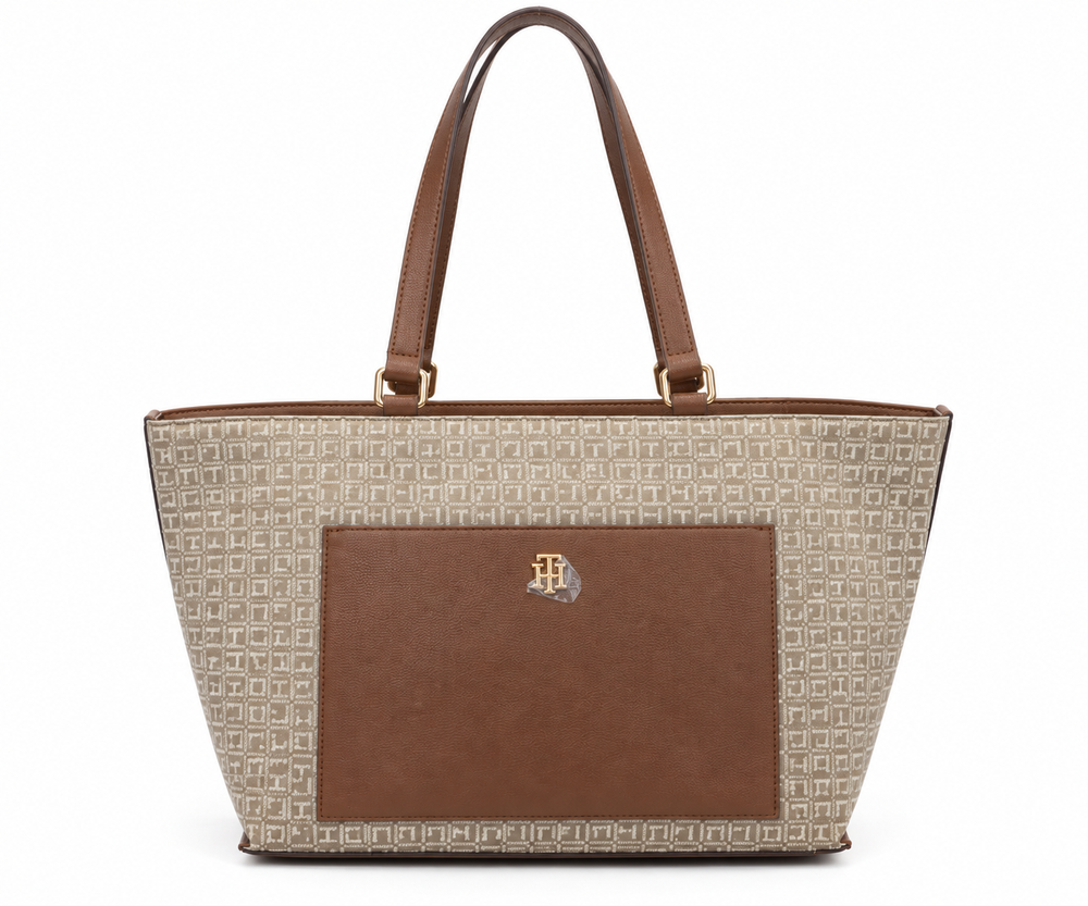 Tommy Hilfiger Khaki Tonal & Cognac Colourblocked Medium Tote