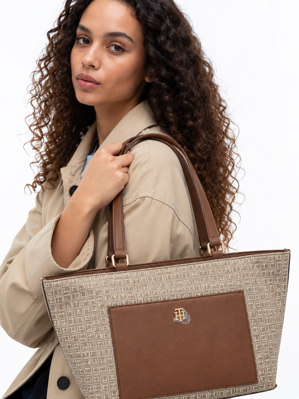Tommy Hilfiger Khaki Tonal & Cognac Colourblocked Medium Tote