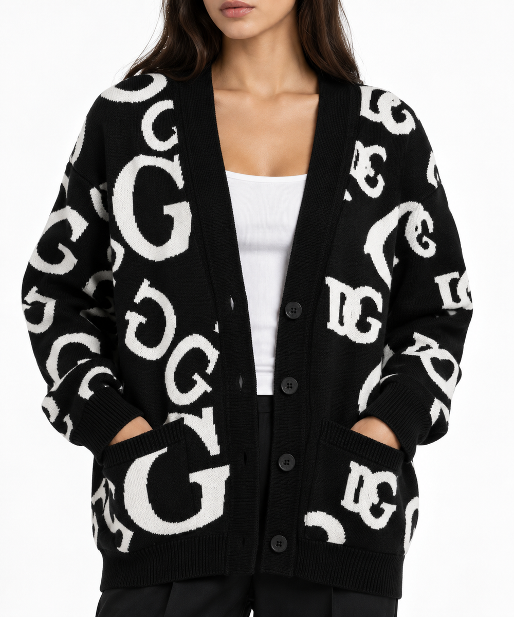 GUESS All-Over Monogram Detail Button Through Cardigan