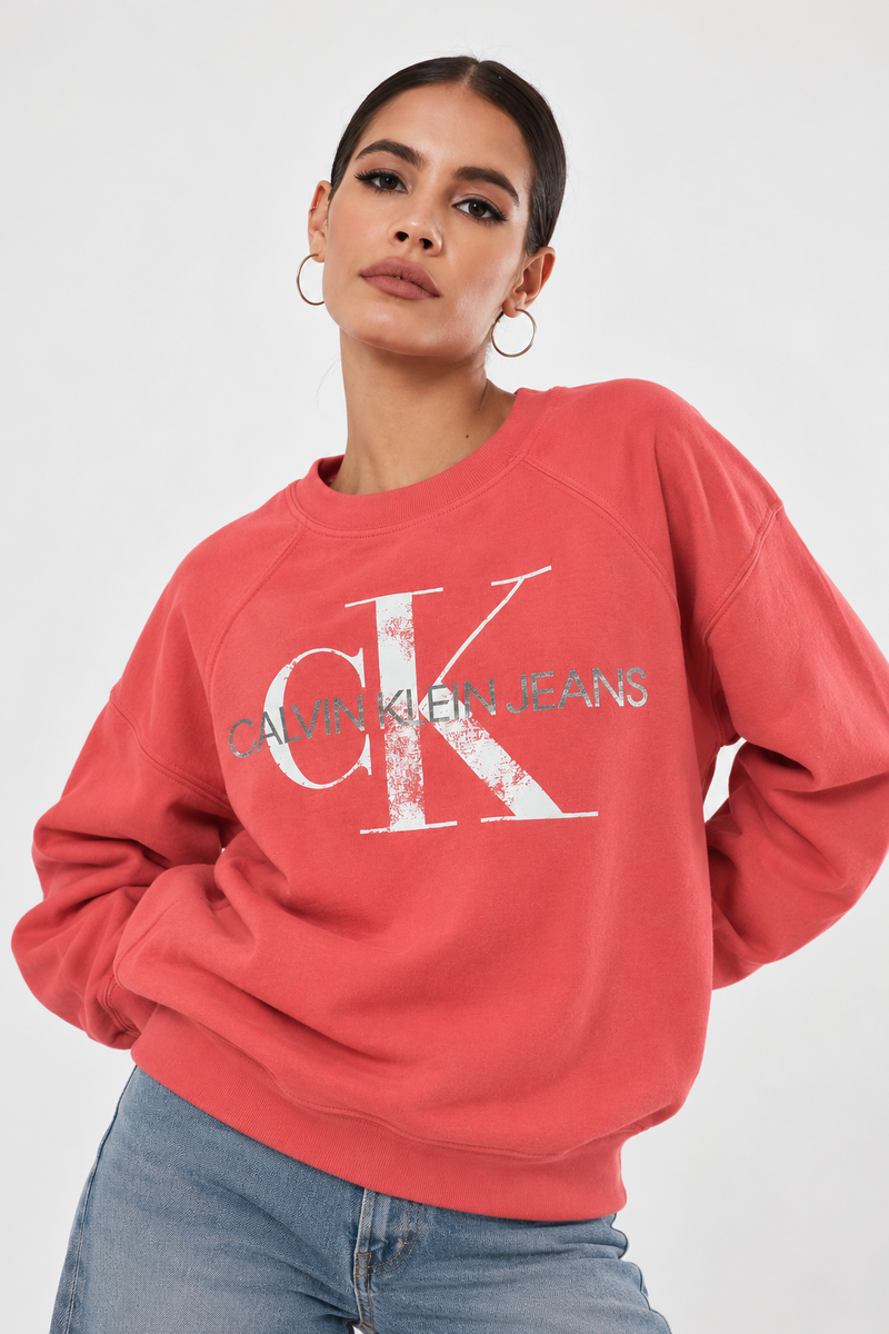 Calvin Klein Jeans Women's Coral Red Logo Crewneck Sweatshirt
