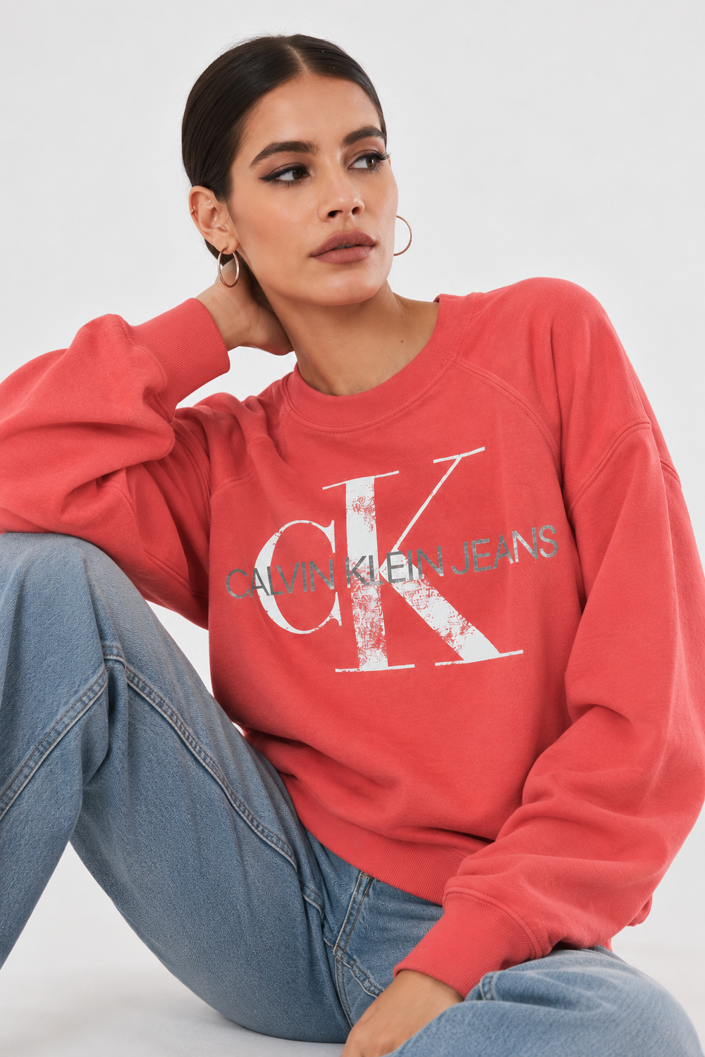 Calvin Klein Jeans Women's Coral Red Logo Crewneck Sweatshirt