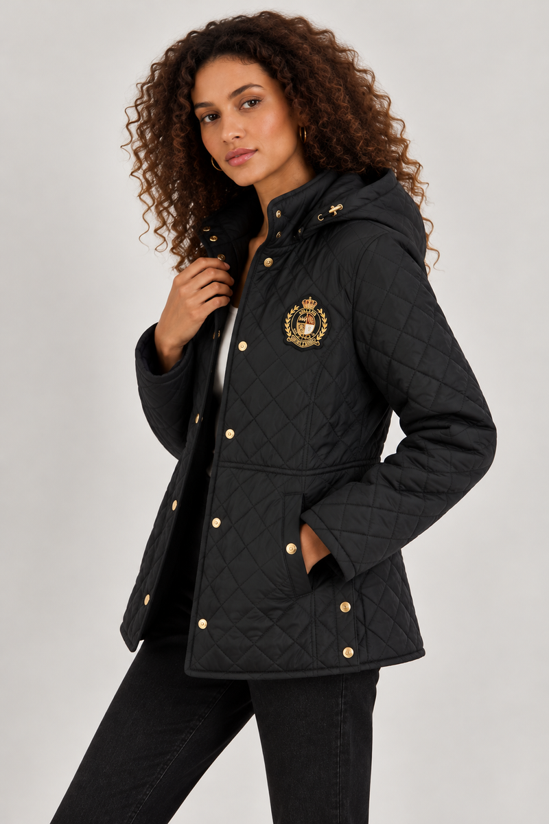Faux-Leather-Trim Crest-Patch Jacket