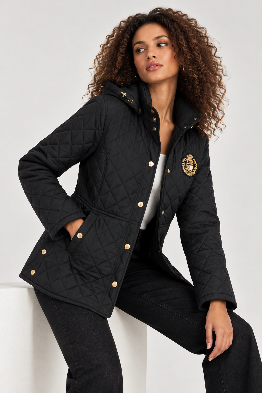 Faux-Leather-Trim Crest-Patch Jacket