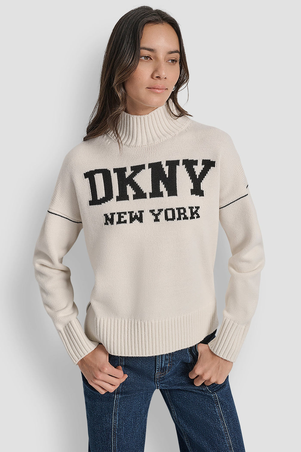 DKNY LOGO INTARSIA MOCK-NECK SWEATER