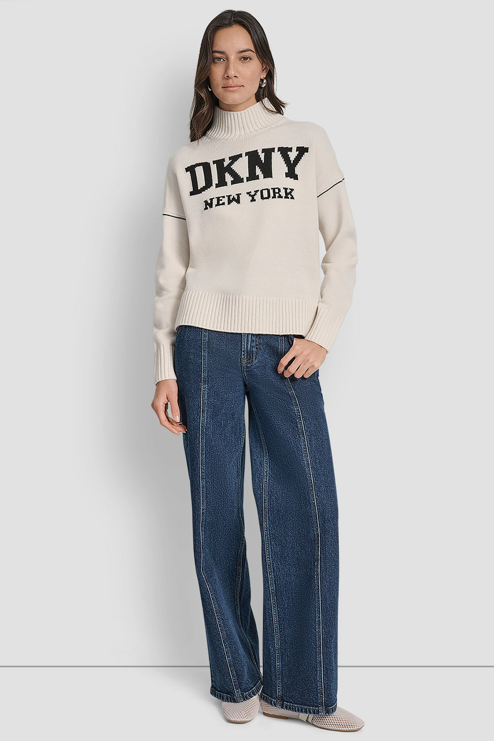 DKNY LOGO INTARSIA MOCK-NECK SWEATER