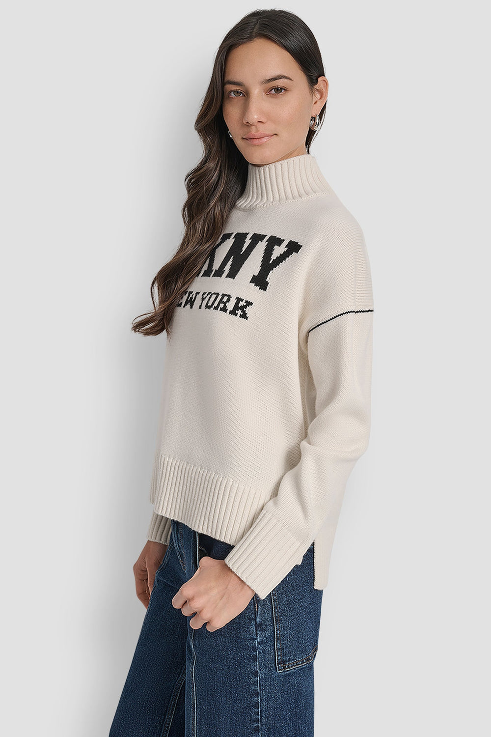 DKNY LOGO INTARSIA MOCK-NECK SWEATER