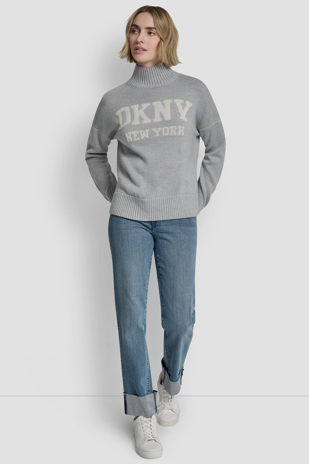 DKNY LOGO INTARSIA MOCK-NECK SWEATER