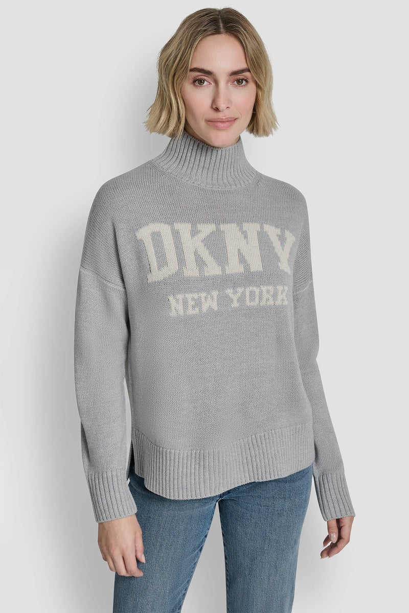 DKNY LOGO INTARSIA MOCK-NECK SWEATER