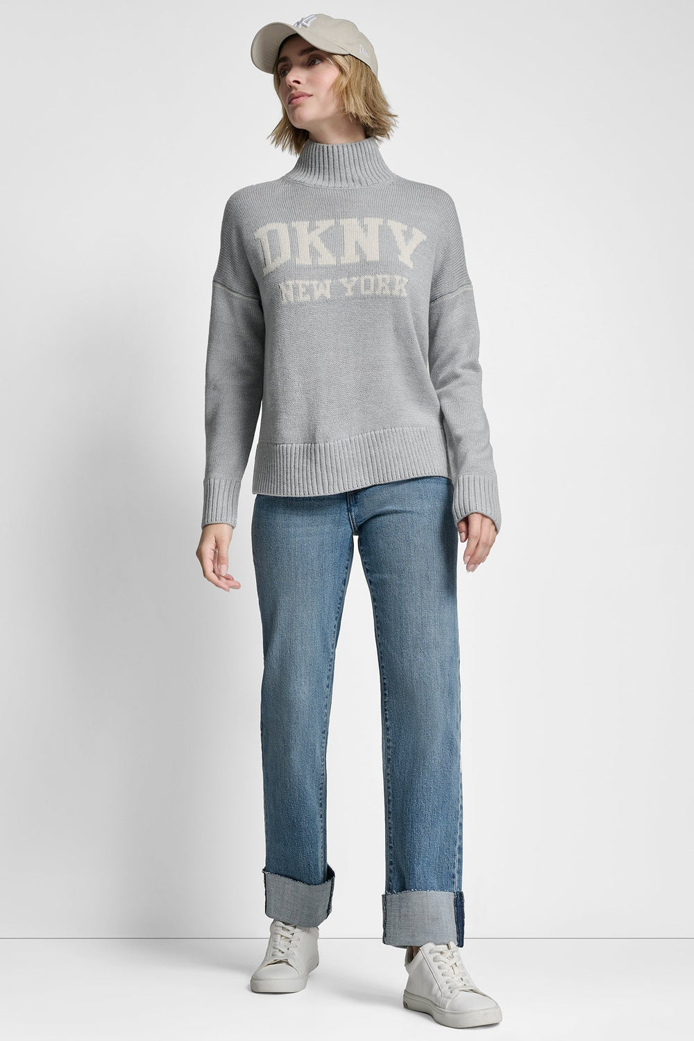 DKNY LOGO INTARSIA MOCK-NECK SWEATER