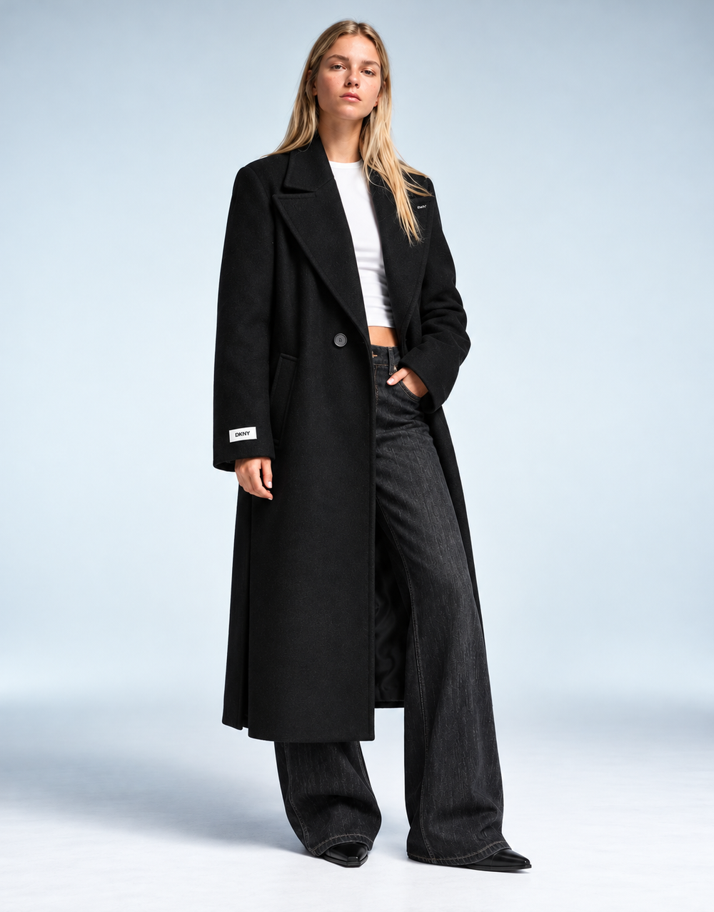 DKNY Black Long Wool-Blend Coat