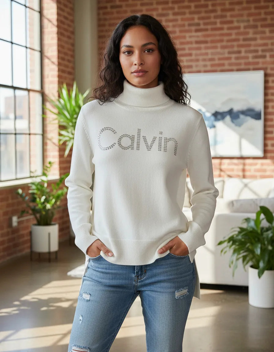 Womens Red Turtleneck Logo Sweater