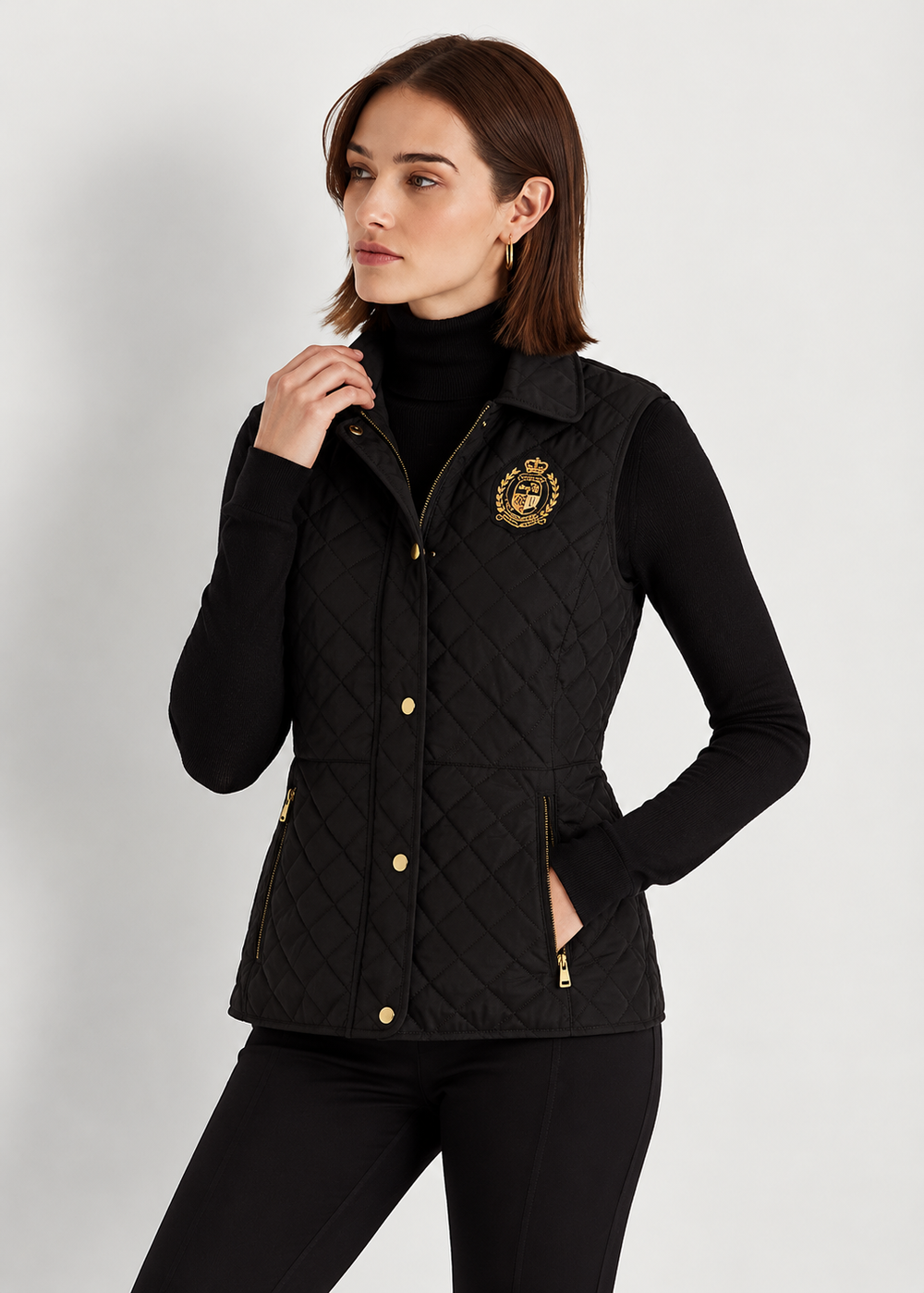 Quilted Black Crest Vest with Gold-Tone Hardware