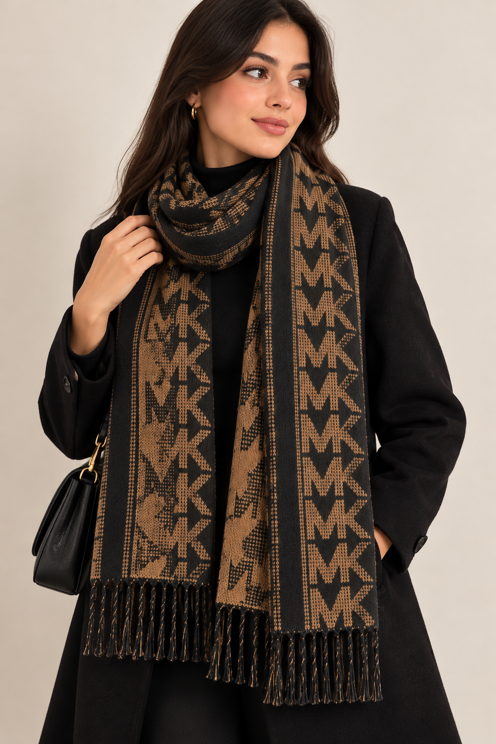 MK Monogram Reversible Knit Scarf – Black & Camel