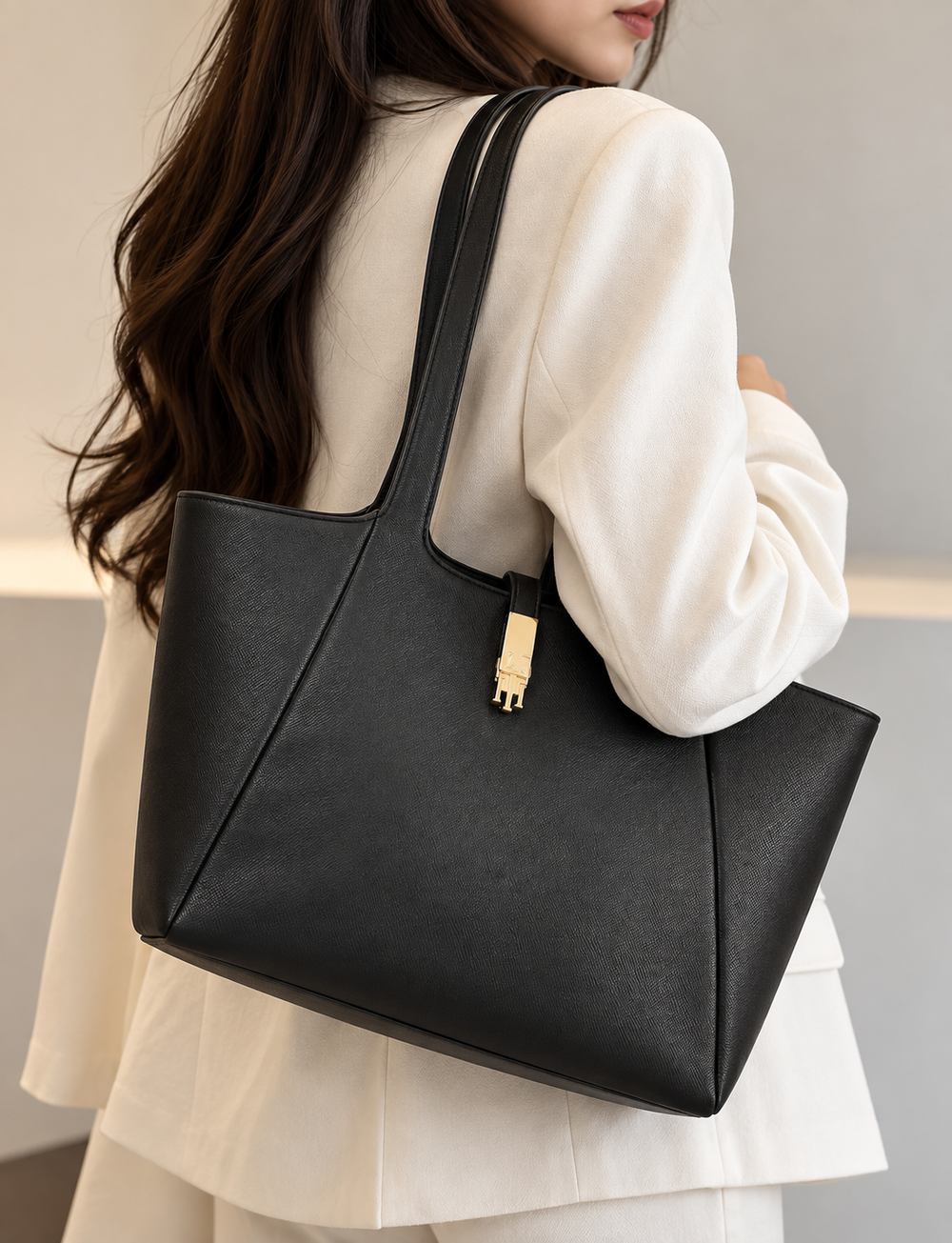 Classic Black Structured Tote Bag with Gold Clasp
