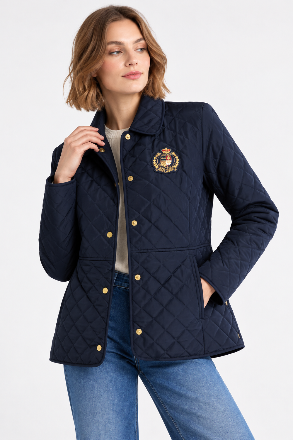 Faux-Leather-Trim Crest-Patch Jacket