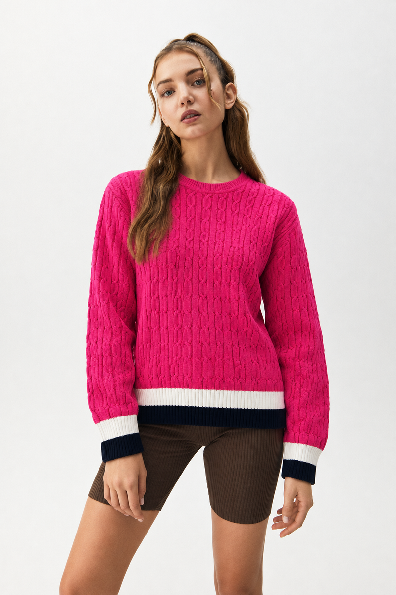 Pink Cable-Knit Sweater with Contrast Trim