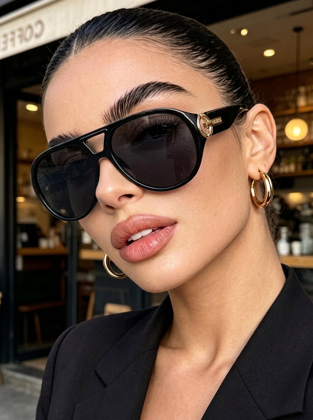 GUESS Women's Black Oversized Aviator Sunglasses