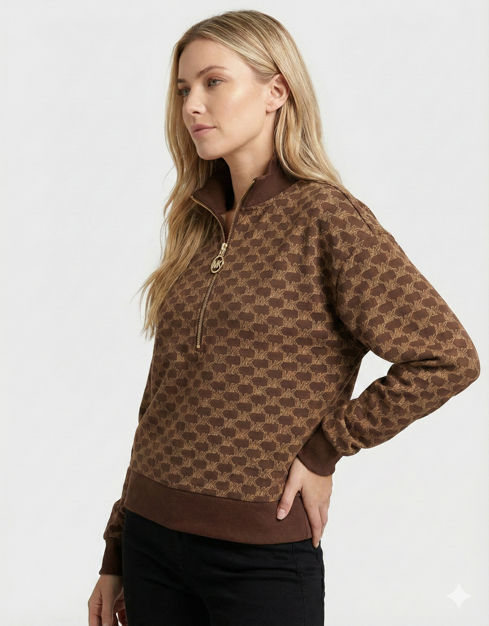 Michael Kors Women's Brown Signature Monogram Quarter-Zip Sweatshirt
