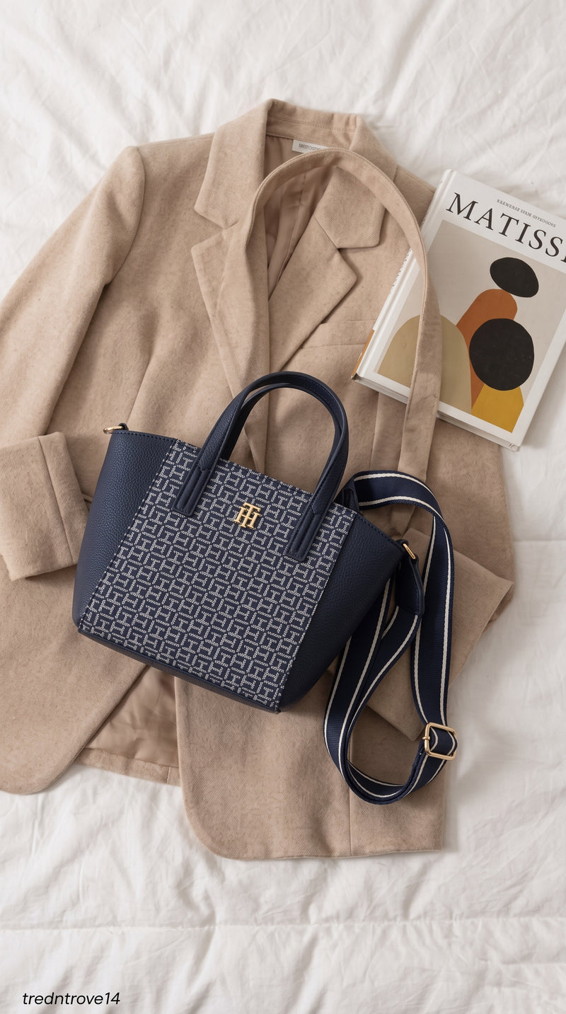 Tommy Hilfiger Monogram Small Crossbody Tote Bag with Webbing Strap