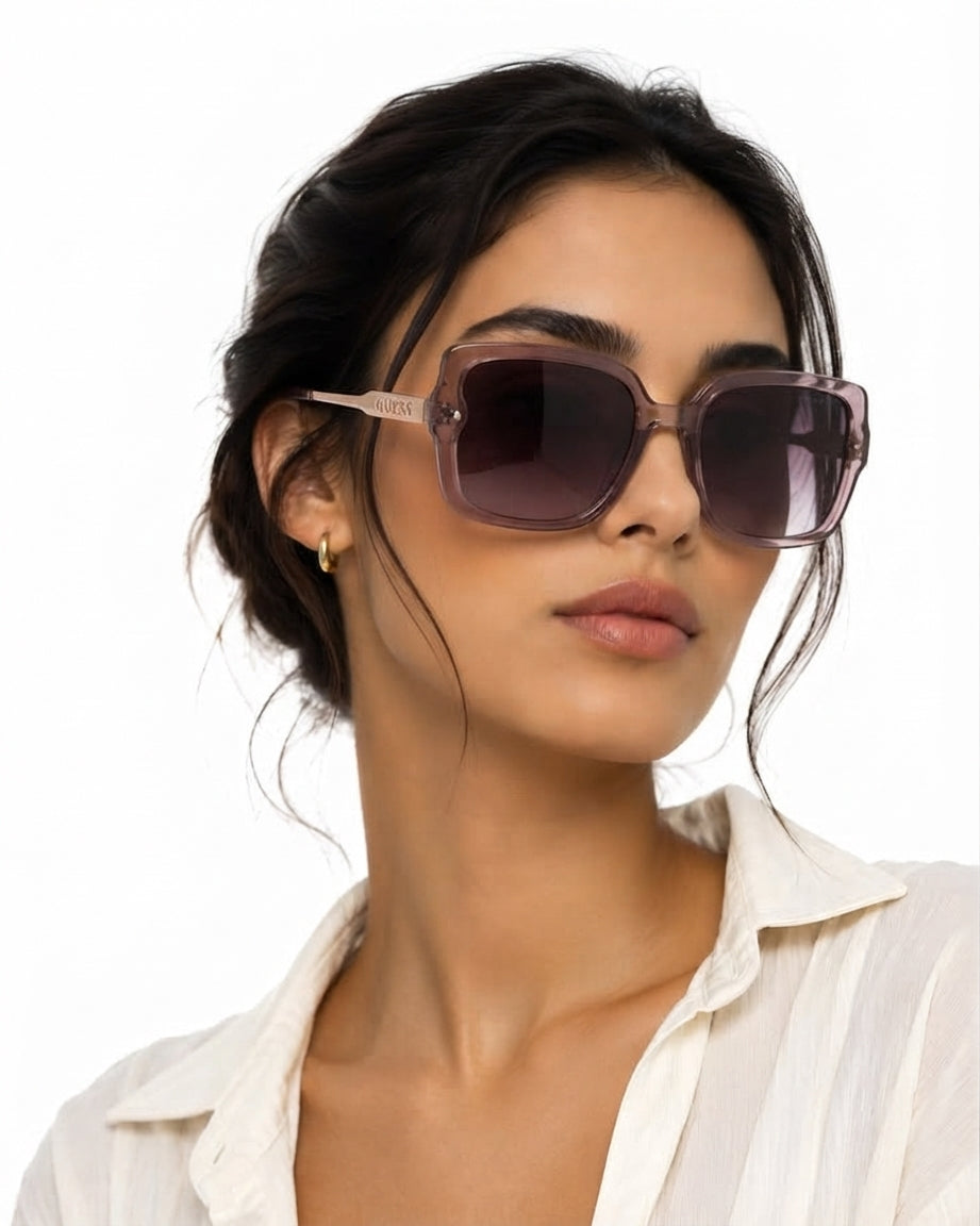 Guess Oversized Translucent Purple Square Sunglasses with Rose Gold Temples (Without Case)